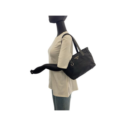 Prada Tessuto Saffiano Triangle Logo Plate Black Silver Hardware Tote Bag
