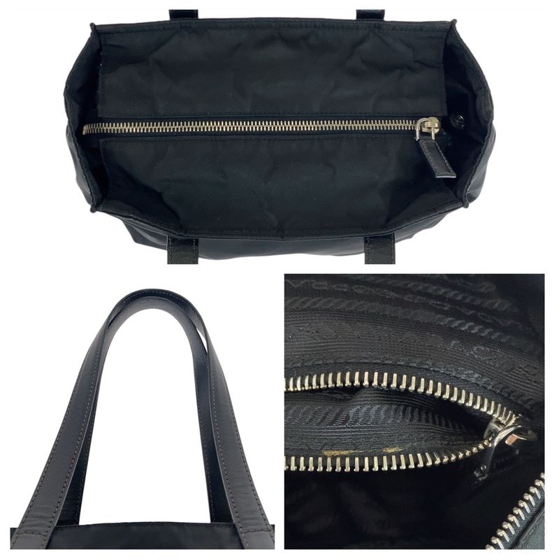 Prada Tessuto Saffiano Triangle Logo Plate Black Silver Hardware Tote Bag