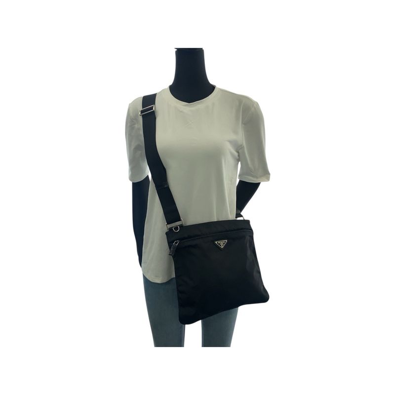 Prada Tessuto Triangle Logo Plate Black Silver Hardware Nylon Shoulder Bag