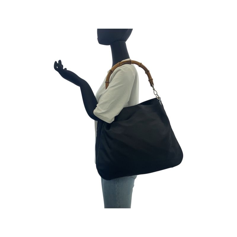 Gucci Bamboo Black Silver Hardware Canvas 001.1998.1577 Shoulder Bag Handbag