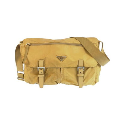 Prada Tessuto Triangle Logo Plate Yellow Mustard Silver Hardware Shoulder Bag