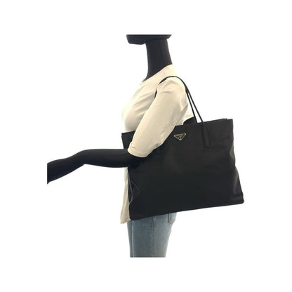 Prada Tessuto Triangle Logo Plate Black Silver Hardware Nylon Tote Bag Shoulder