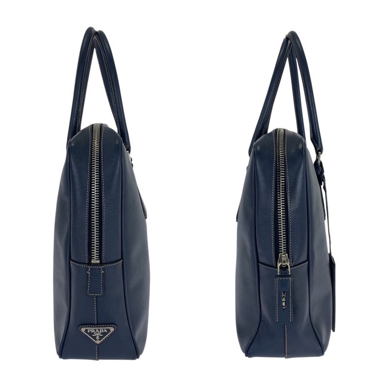 Prada Saffiano Navy Silver Hardware Leather Business Bag Briefcase Men 505857