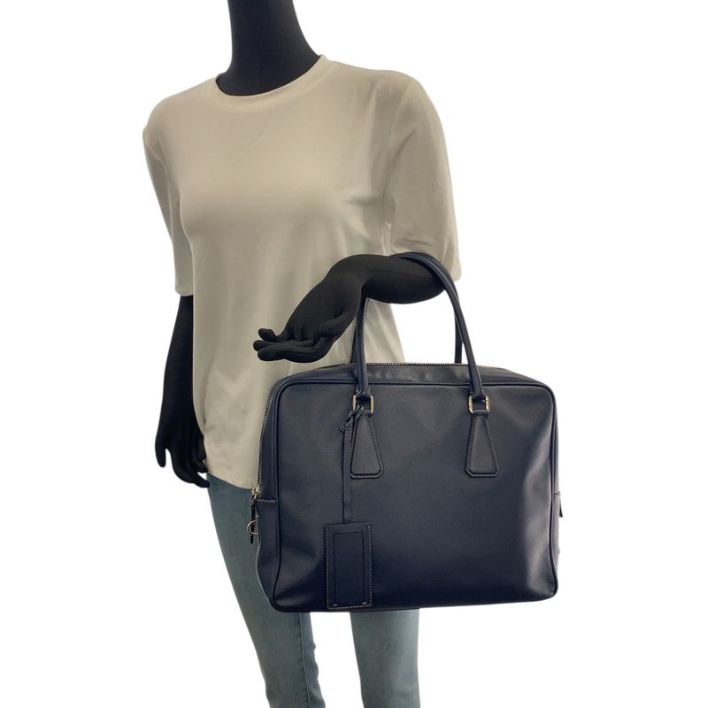 Prada Saffiano Navy Silver Hardware Leather Business Bag Briefcase Men 505857