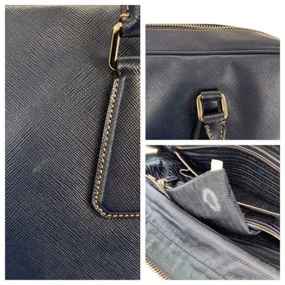 Prada Saffiano Navy Silver Hardware Leather Business Bag Briefcase Men 505857