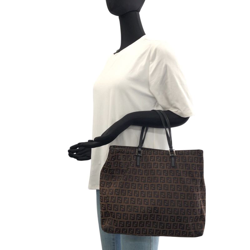 Fendi Zucchino Brown Silver Hardware Canvas/leather Tote Handbag Women 505861