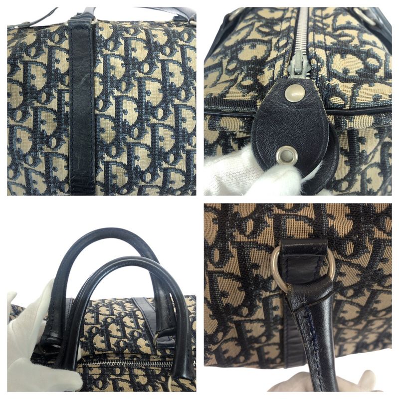 DIOR Vintage Trotter Navy Beige Canvas/leather Tote Bag Mini Boston Bag 505877