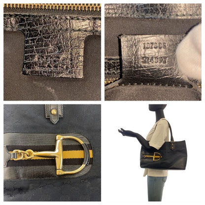 Gucci Shirley Line Horsebit Black GG Canvas/leather 137385 Tote Bag Shoulder