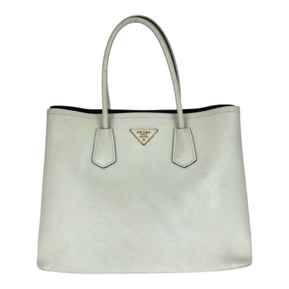 Prada Saffiano Triangle Logo Plate White Gold Hardware Leather Tote Handbag