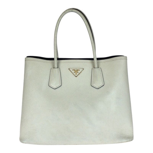 Prada Saffiano Triangle Logo Plate White Gold Hardware Leather Tote Handbag