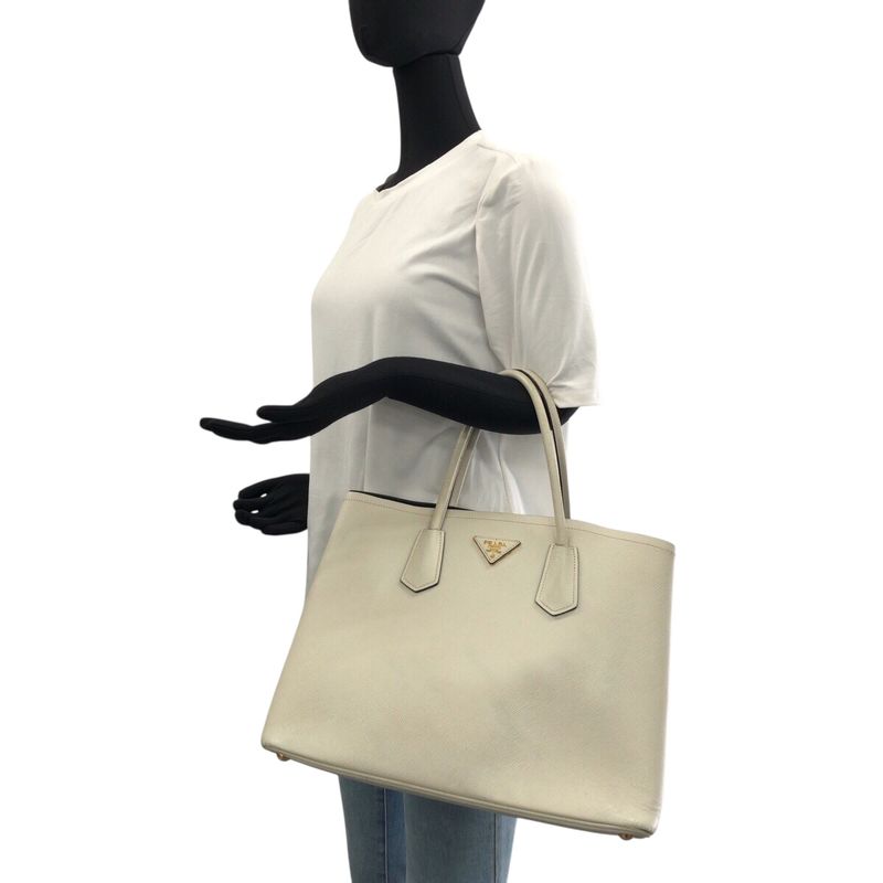 Prada Saffiano Triangle Logo Plate White Gold Hardware Leather Tote Handbag