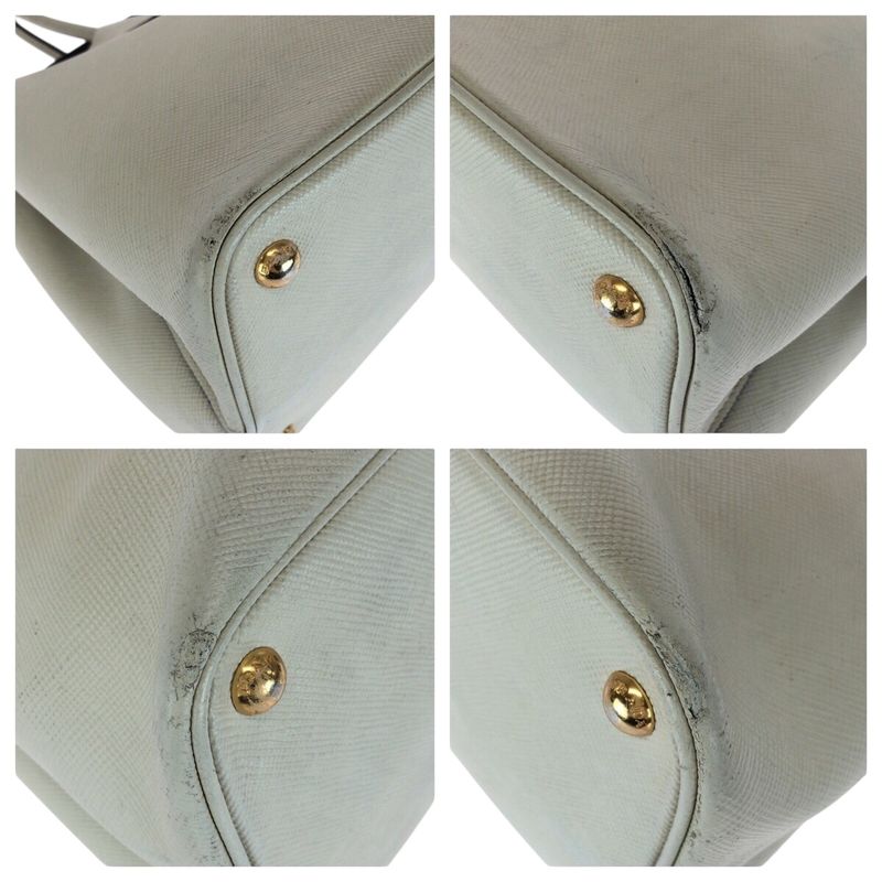 Prada Saffiano Triangle Logo Plate White Gold Hardware Leather Tote Handbag