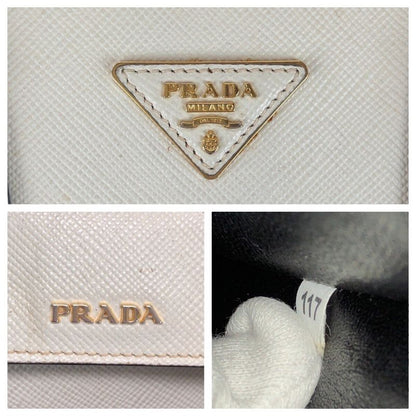 Prada Saffiano Triangle Logo Plate White Gold Hardware Leather Tote Handbag