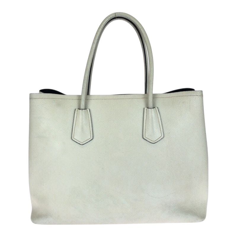 Prada Saffiano Triangle Logo Plate White Gold Hardware Leather Tote Handbag