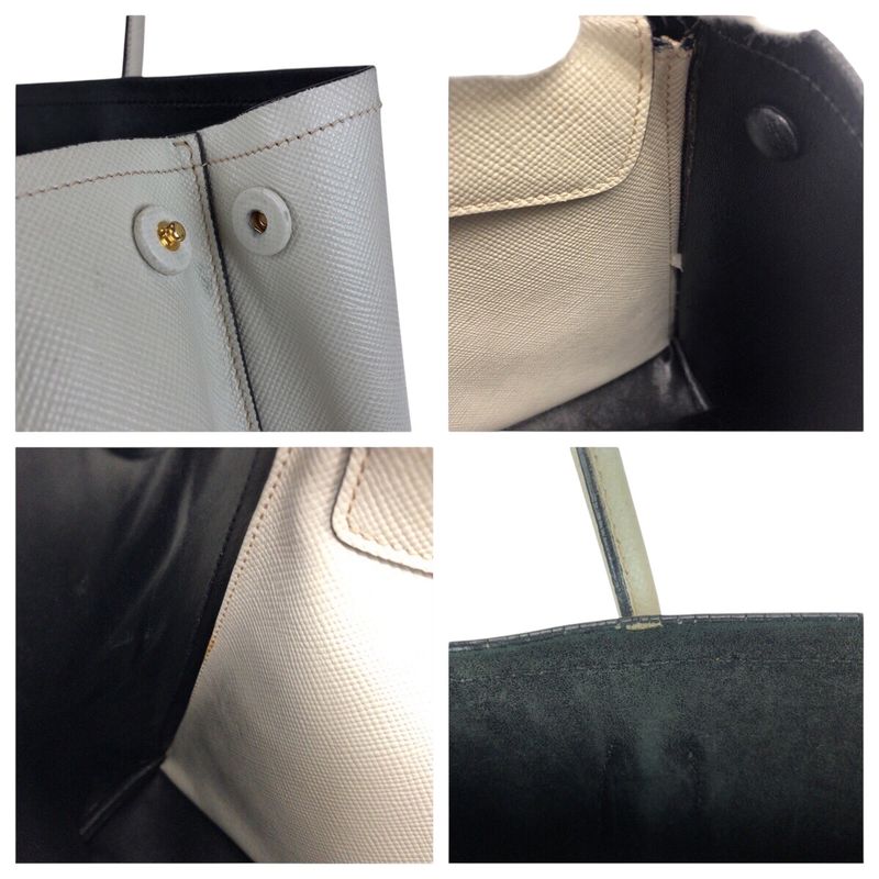Prada Saffiano Triangle Logo Plate White Gold Hardware Leather Tote Handbag