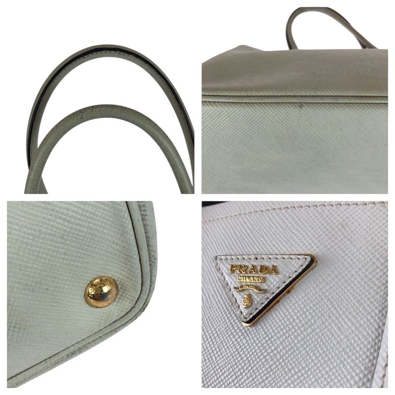 Prada Saffiano Triangle Logo Plate White Gold Hardware Leather Tote Handbag