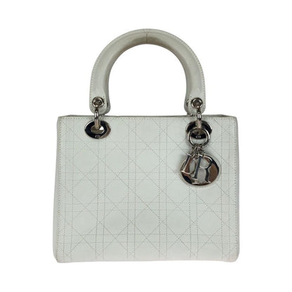 DIOR Cannage Studded Lady Dior Medium White Leather Handbag Tote Bag Women