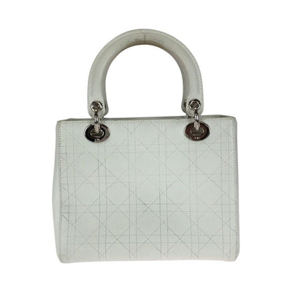 DIOR Cannage Studded Lady Dior Medium White Leather Handbag Tote Bag Women