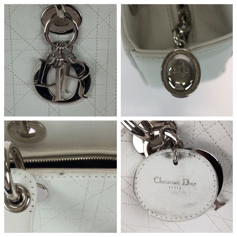 DIOR Cannage Studded Lady Dior Medium White Leather Handbag Tote Bag Women