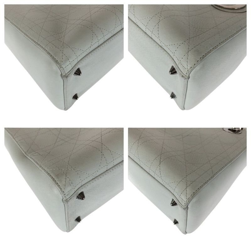 DIOR Cannage Studded Lady Dior Medium White Leather Handbag Tote Bag Women