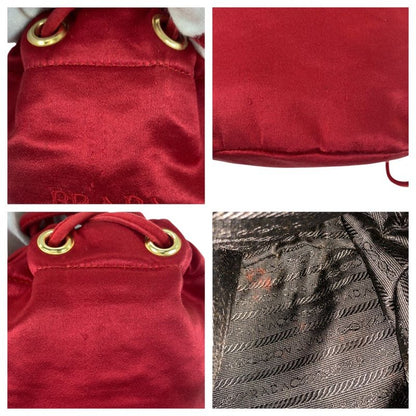 Prada Logo Embroidery Red Gold Hardware Satin Shoulder Bag Pouch Drawstring