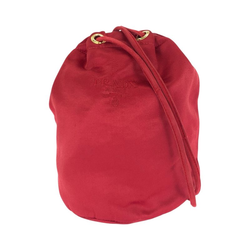 Prada Logo Embroidery Red Gold Hardware Satin Shoulder Bag Pouch Drawstring