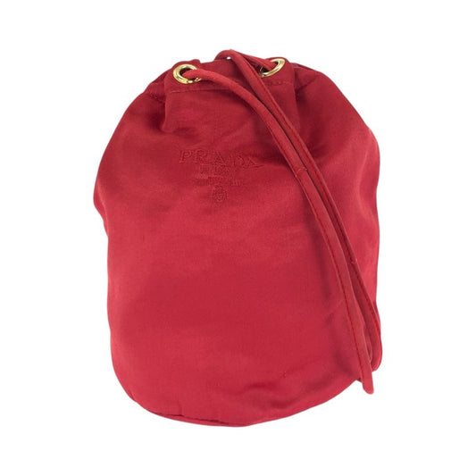 Prada Logo Embroidery Red Gold Hardware Satin Shoulder Bag Pouch Drawstring