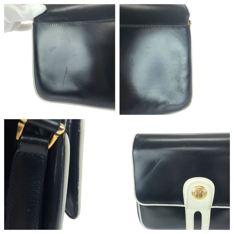 Celine Vintage Navy White Gold Hardware Leather M08 Shoulder Bag Pochette Women