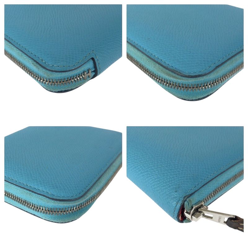 Hermes Azap Compact Silk Quinn Blue Silver Hardware Leather Fold Wallet Coin