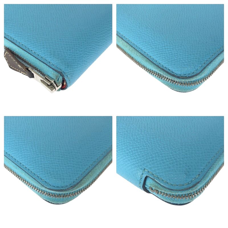 Hermes Azap Compact Silk Quinn Blue Silver Hardware Leather Fold Wallet Coin