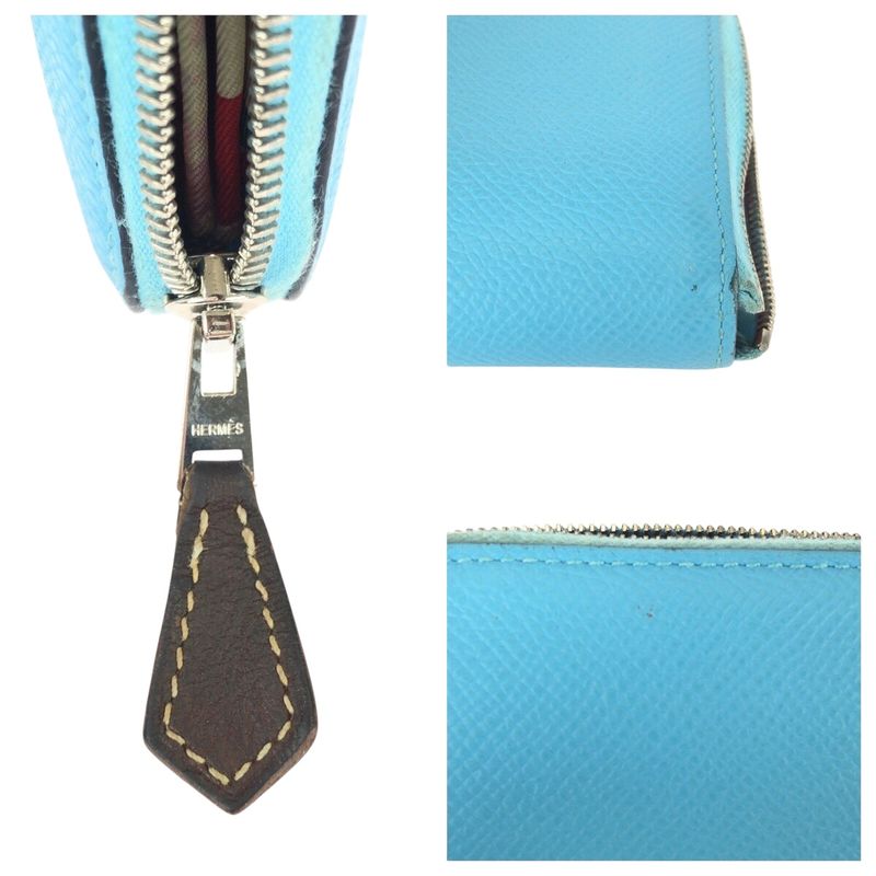 Hermes Azap Compact Silk Quinn Blue Silver Hardware Leather Fold Wallet Coin