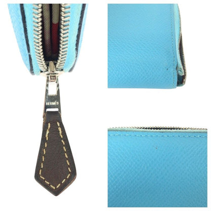 Hermes Azap Compact Silk Quinn Blue Silver Hardware Leather Fold Wallet Coin