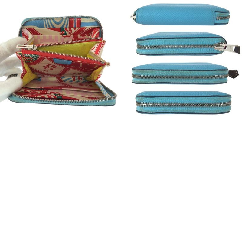 Hermes Azap Compact Silk Quinn Blue Silver Hardware Leather Fold Wallet Coin