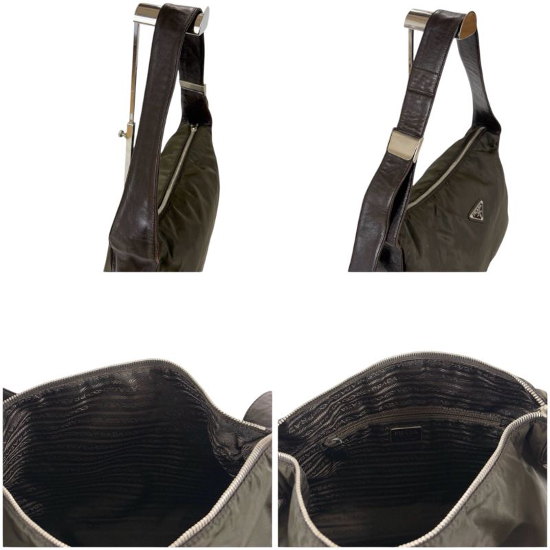 Prada Triangle Logo One Shoulder Bag Hobo Soho Tessuto Nylon Nappaleather Dark