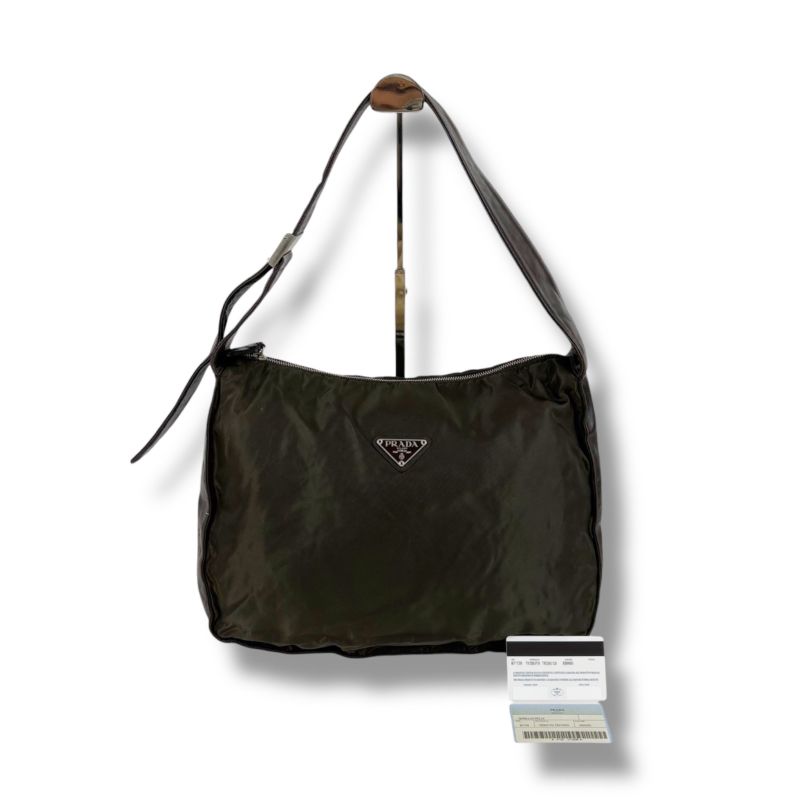 Prada Triangle Logo One Shoulder Bag Hobo Soho Tessuto Nylon Nappaleather Dark