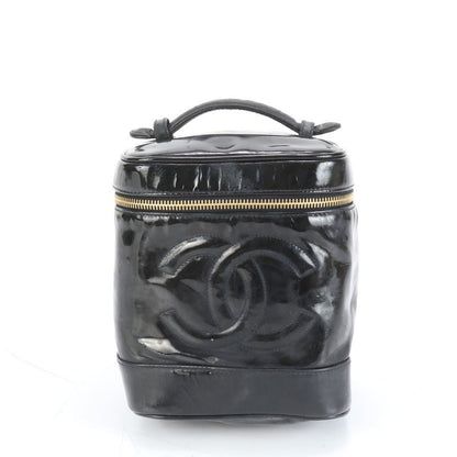 Chanel Coco Mark Vanity Bag Patent Leather Hand Tote Black Genuine Leather
