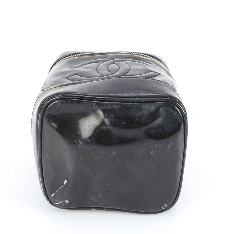 Chanel Coco Mark Vanity Bag Patent Leather Hand Tote Black Genuine Leather