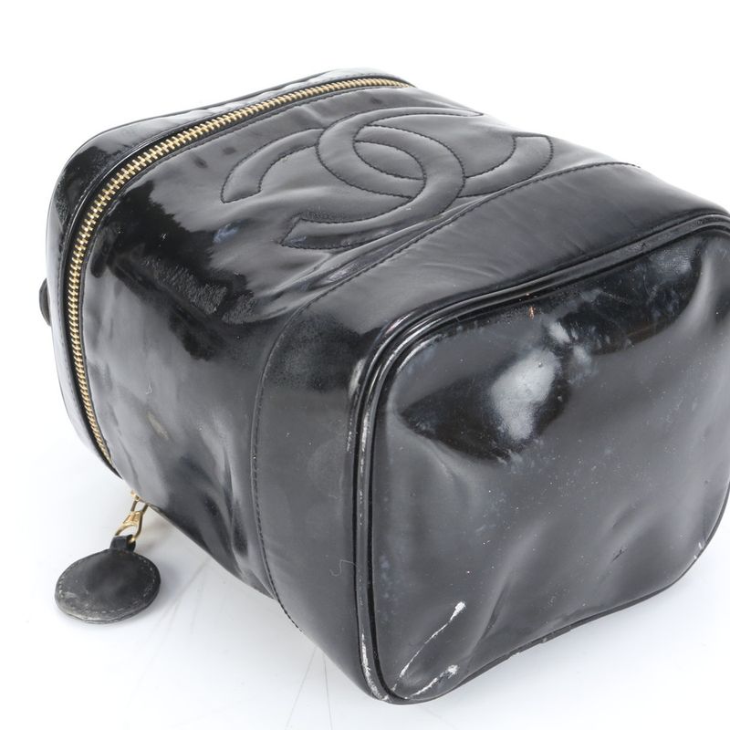 Chanel Coco Mark Vanity Bag Patent Leather Hand Tote Black Genuine Leather