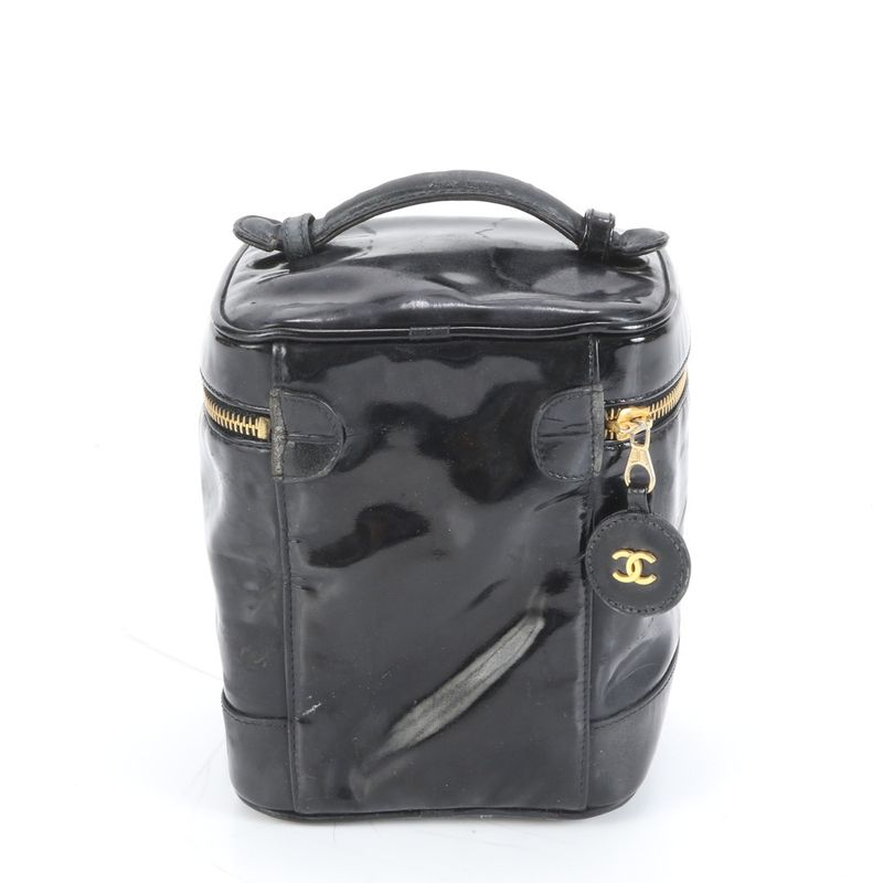 Chanel Coco Mark Vanity Bag Patent Leather Hand Tote Black Genuine Leather