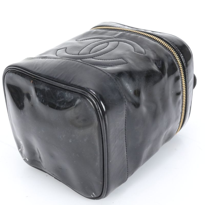 Chanel Coco Mark Vanity Bag Patent Leather Hand Tote Black Genuine Leather
