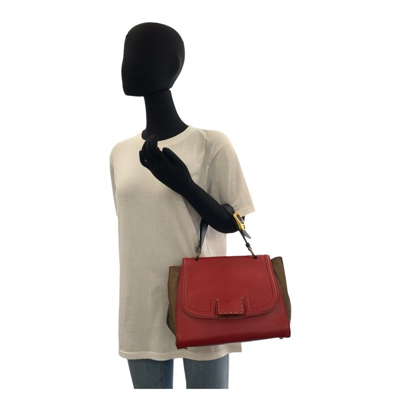 Fendi Pecan Silvana Red Brown Leather / Canvas Handbag Shoulder Bag 2way Women
