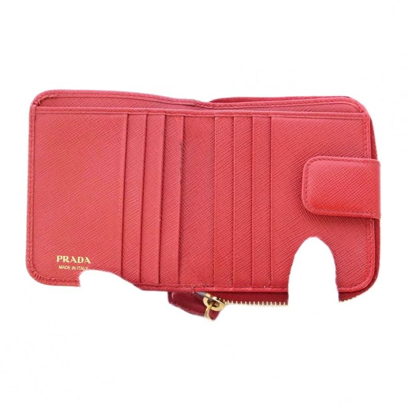 Prada Bifold Wallet Compact Wallet Square Leather Logo Red BB - OH