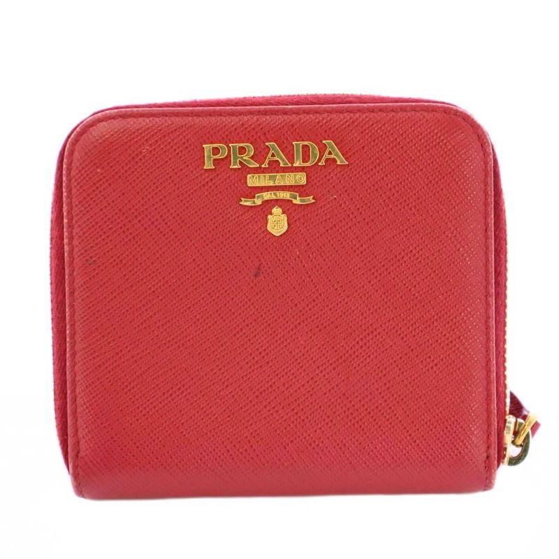 Prada Bifold Wallet Compact Wallet Square Leather Logo Red BB - OH
