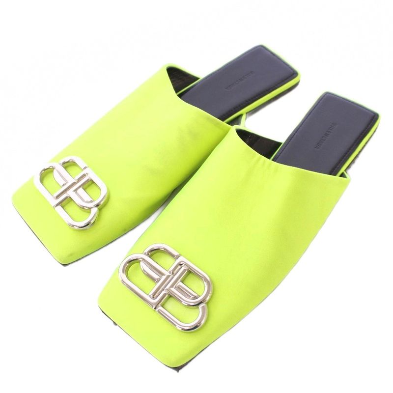 Balenciaga BB Mules Sandals Square Toe Flat Logo Decoration 37 Yellow Green