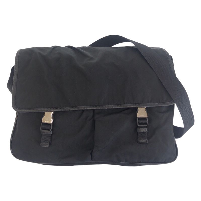 Prada Tessuto Triangle Logo Plate Black Silver Hardware Shoulder Bag Messenger