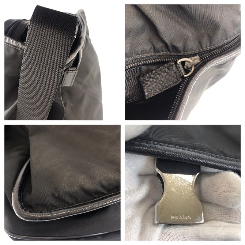 Prada Tessuto Triangle Logo Plate Black Silver Hardware Shoulder Bag Messenger