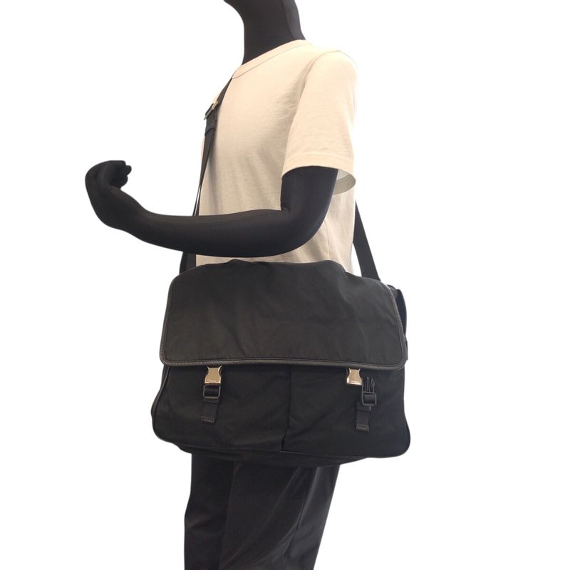 Prada Tessuto Triangle Logo Plate Black Silver Hardware Shoulder Bag Messenger