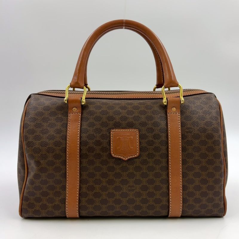 Celine Macadam Pattern Mini Boston Leather X PVC Brown X Light Brown
