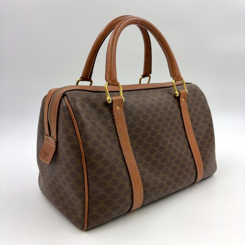 Celine Macadam Pattern Mini Boston Leather X PVC Brown X Light Brown