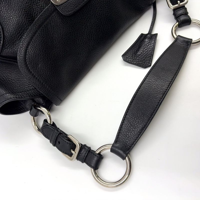 Prada Triangle Logo Plate One Shoulder Leather Black Handbag Silver